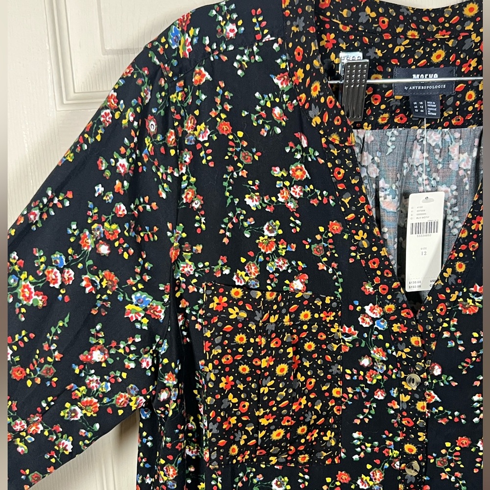 Anthropologie Maeve Marlie Ditsy Floral Tunic Dress Black Button Front NWT 12 - Picture 3 of 8